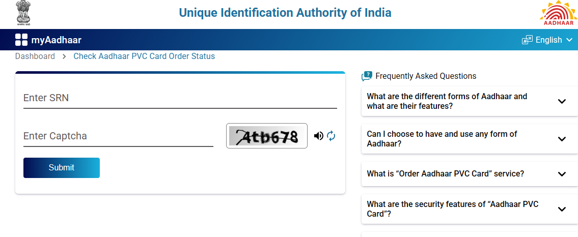 PVC Aadhar Card Status